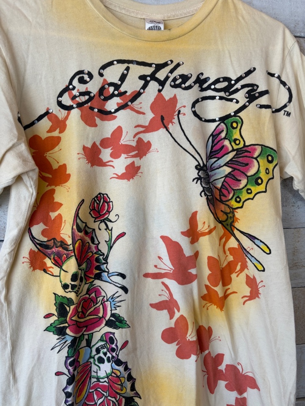 Ed Hardy Yellow Tee with Black Graphic and Rhinestones - Picture 6 of 11